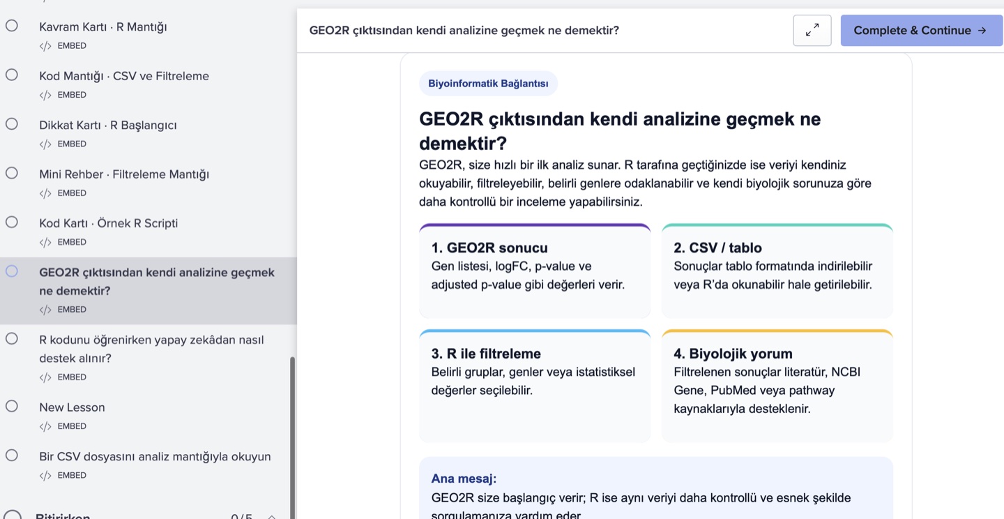 GEO2R çıktısından R ile filtreleme ve biyolojik yoruma geçişi anlatan ders ekranı