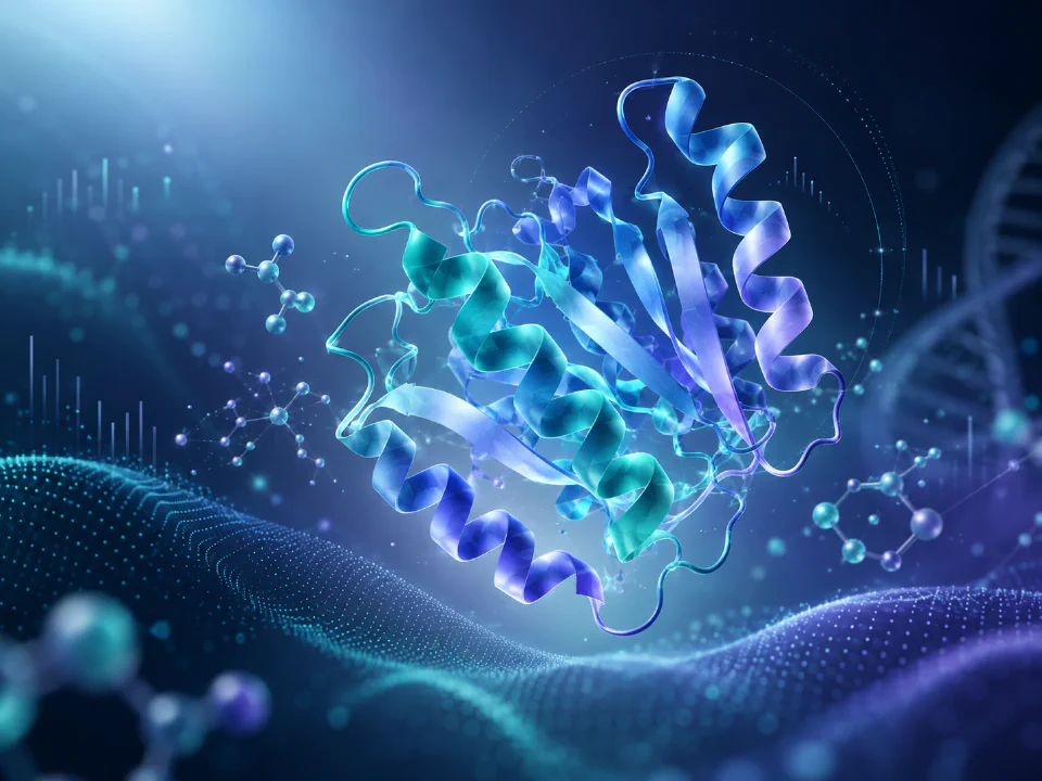 Protein yapısını ve biyolojik veri motiflerini bir araya getiren bilimsel görsel